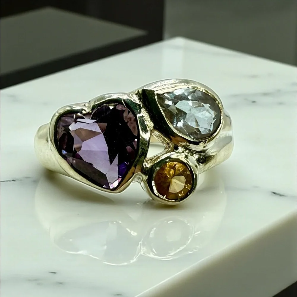 Sterling Silver Multi-Gemstone Ring – Amethyst, Citrine & Topaz – Size 6